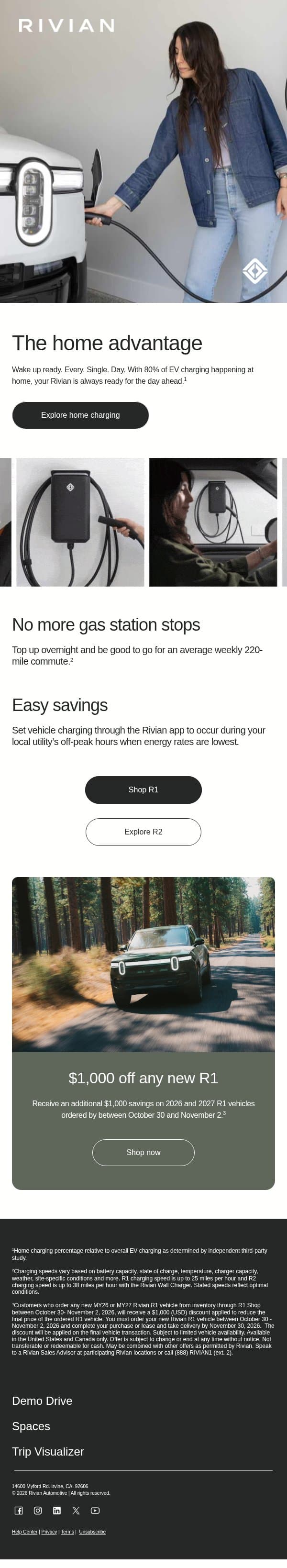 Imagine never visiting a gas station again email from Rivian screenshot