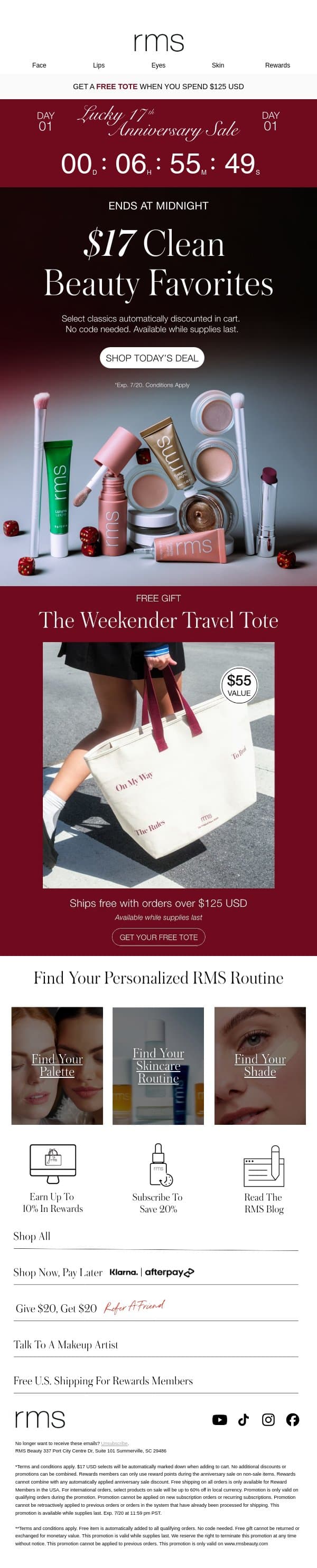 ENDS AT MIDNIGHT π $17 Selects For 17 Years email from RMS Beauty screenshot
