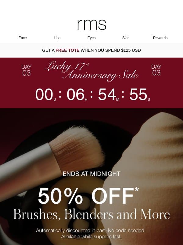 ENDS AT MIDNIGHT β³ 50% Off Makeup Brushes email from RMS Beauty