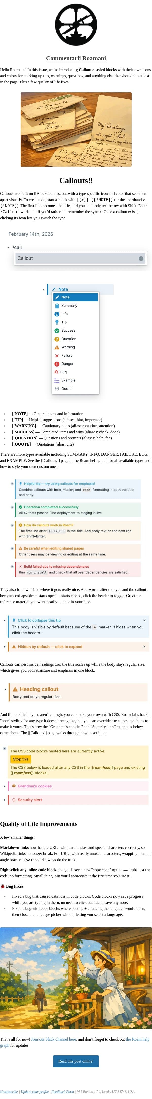 Commentarii Roamani: Callouts! email from Roam Research screenshot