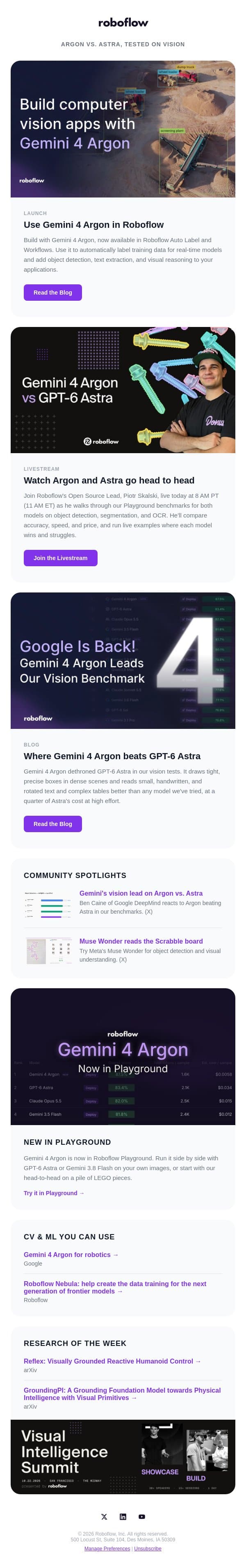 Use Gemini 4 Argon in Roboflow email from Roboflow screenshot