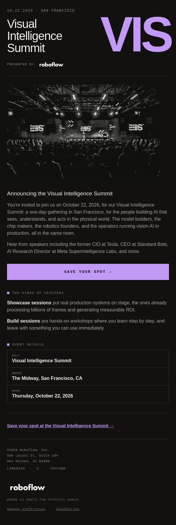 Announcing the Visual Intelligence Summit email from Roboflow screenshot