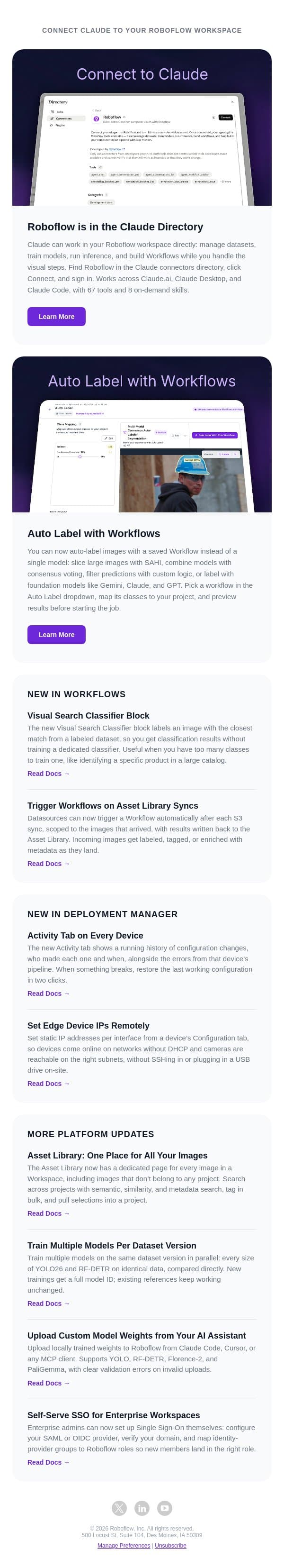 July Roboflow Launches: Claude connector, Auto Label with Workflows email from Roboflow screenshot