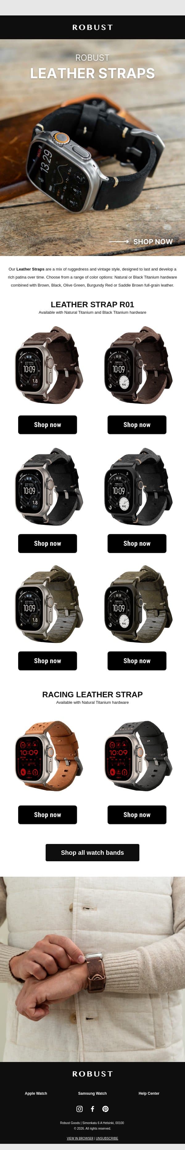 Leather straps that match your style email from RobustGoods screenshot