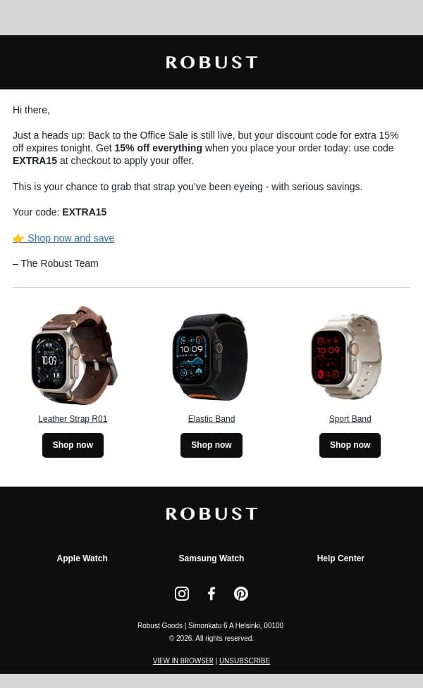 Today only: (Extra) 15% OFF Everything email from RobustGoods screenshot