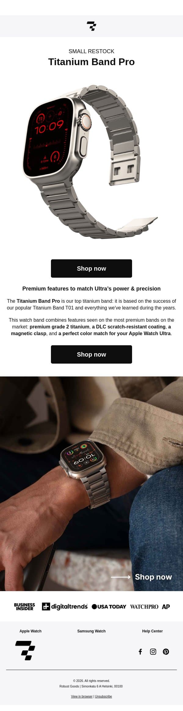 Restocked: Titanium Band Pro email from RobustGoods screenshot