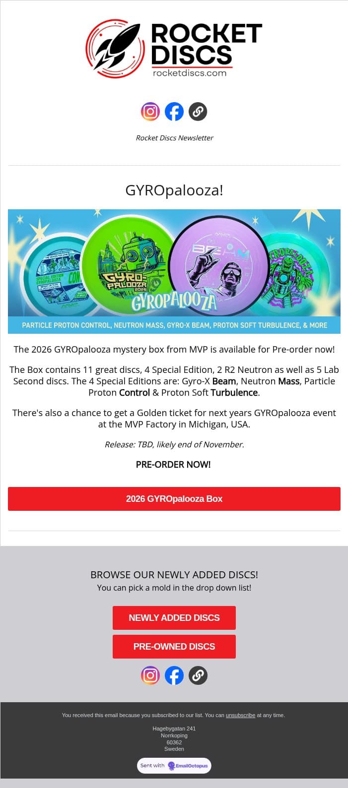 2026 GYROpalooza box is here for Pre-order! email from Rocket Discs screenshot