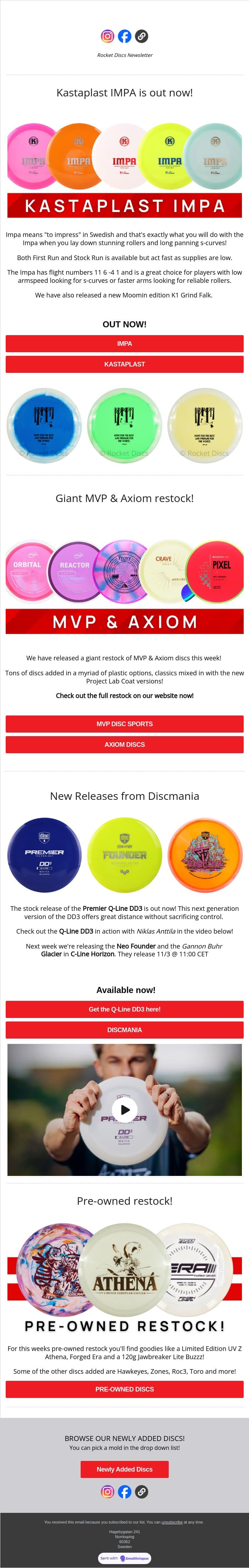 Kastaplast Impa Release! - Q-Line DD3 - Giant MVP & Axiom Restock! email from Rocket Discs screenshot