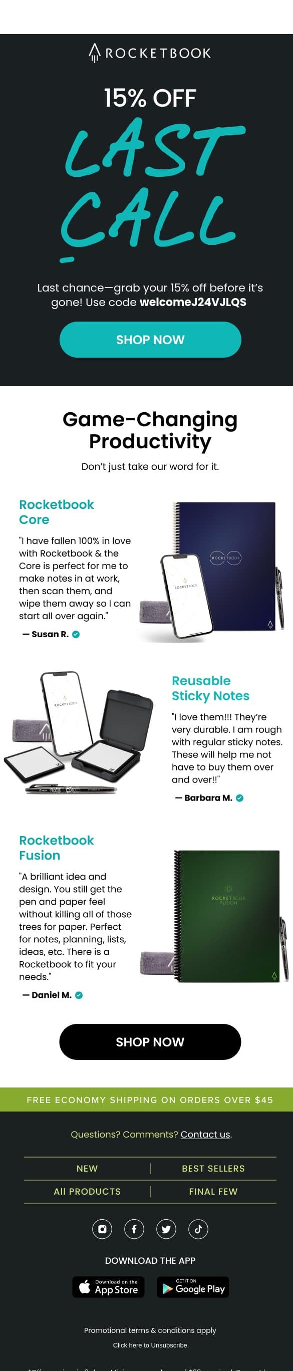 Last Chance—Grab Your 15% Off Before It’s Gone! email from Rocketbook screenshot