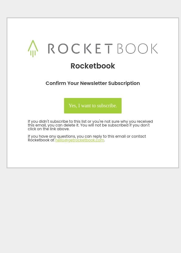 Confirm Your Subscription email from Rocketbook screenshot