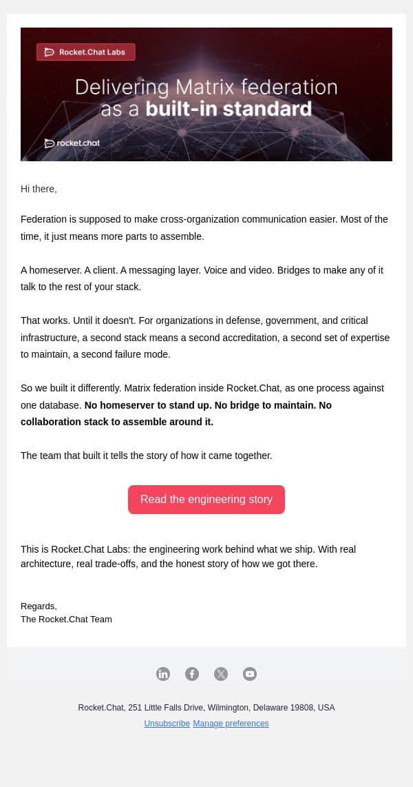 Matrix federation as a built-in standard email from Rocket.Chat screenshot