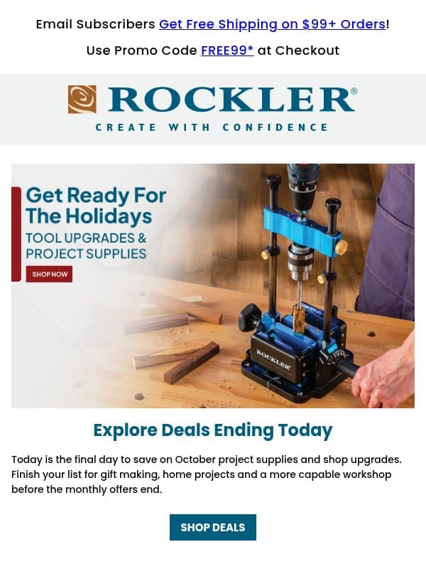 Last Chance to Save on these Holiday Projects, Workshop Upgrades & More email from Rockler