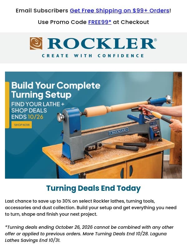Save Up to 30% on Lathes, Turning Tools & More email from Rockler