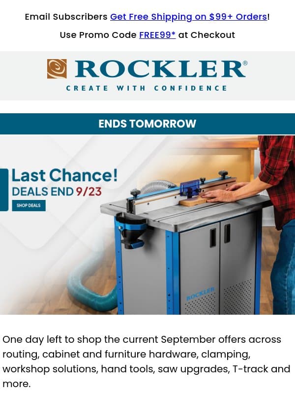 Ends Tomorrow: Last Chance on These Deals email from Rockler