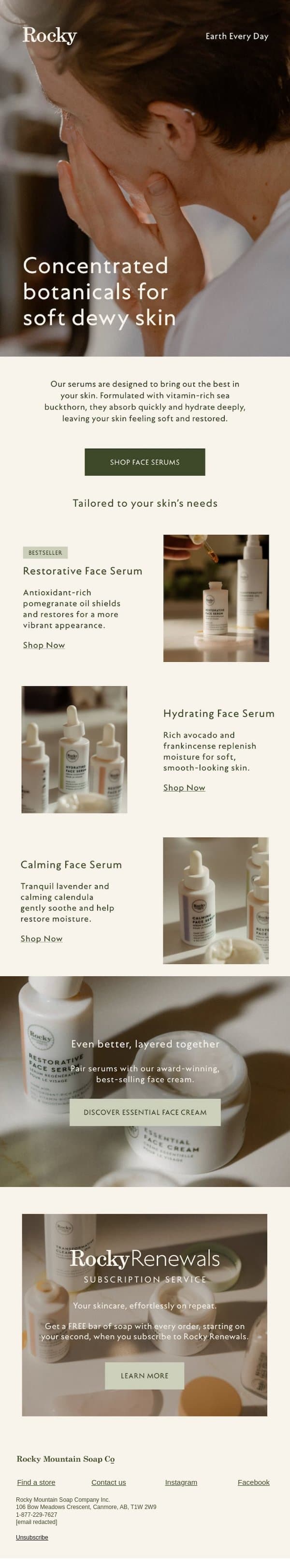Face cream, meet serum email from Rocky Mountain Soap Company screenshot