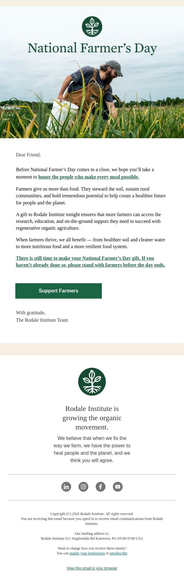 Honor a farmer with your gift today email from Rodale Institute screenshot
