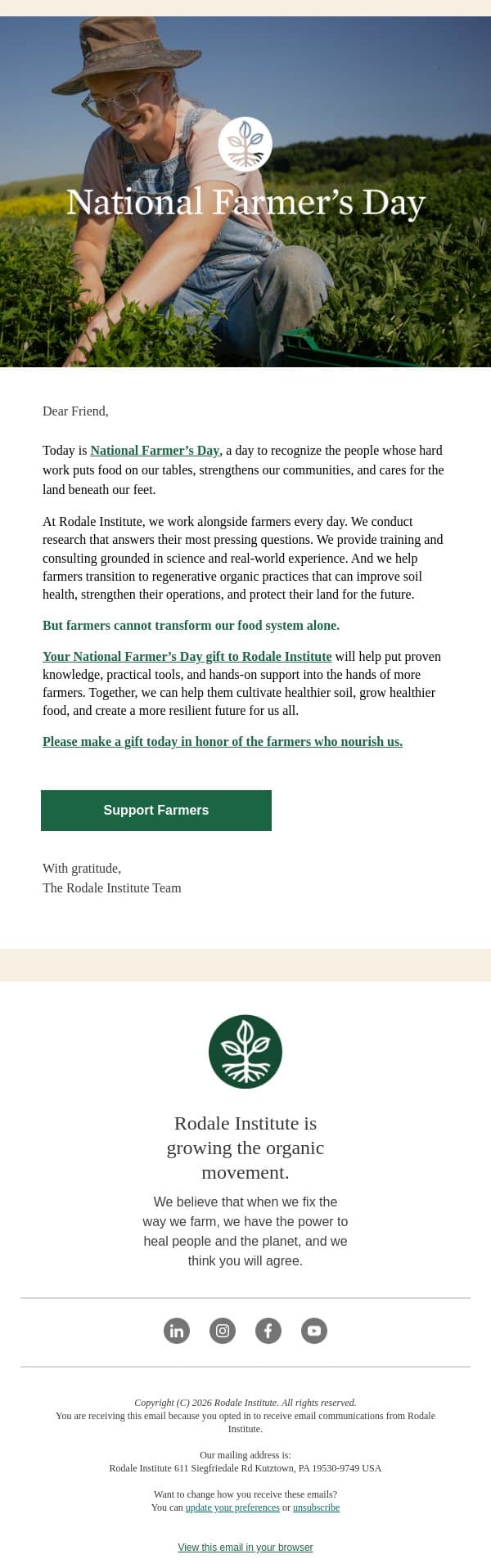 Today, we celebrate farmers email from Rodale Institute screenshot