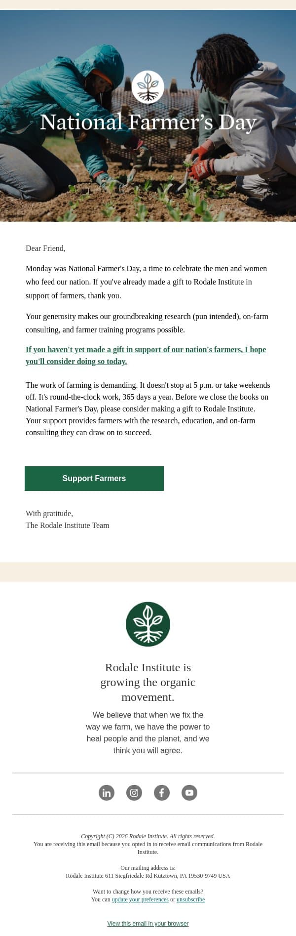 👩🌾Thank You! 👨🌾 email from Rodale Institute screenshot