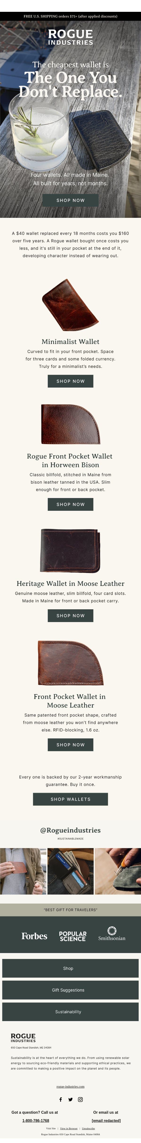 A $40 wallet costs more than you think. email from Rogue Industries screenshot