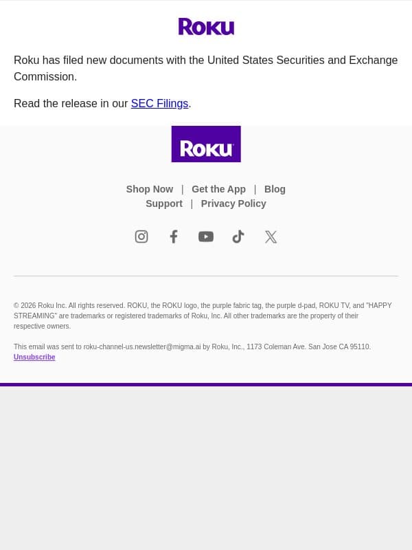 Roku IR - New SEC Documents email from Roku Channel screenshot