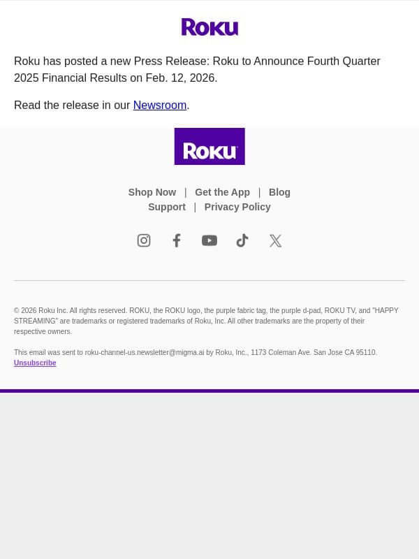 Roku IR - New Press Release email from Roku Channel screenshot