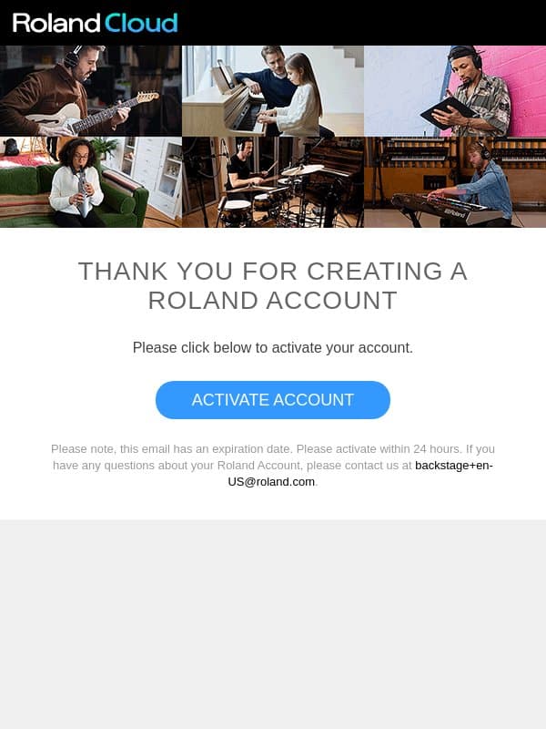 Please activate your Roland Account email from Roland Cloud screenshot