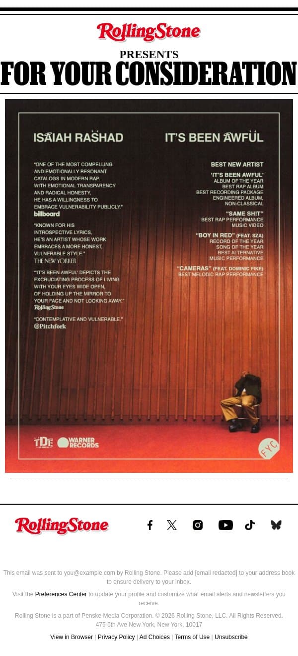 For Your Consideration: Isaiah Rashad email from Rolling Stone screenshot