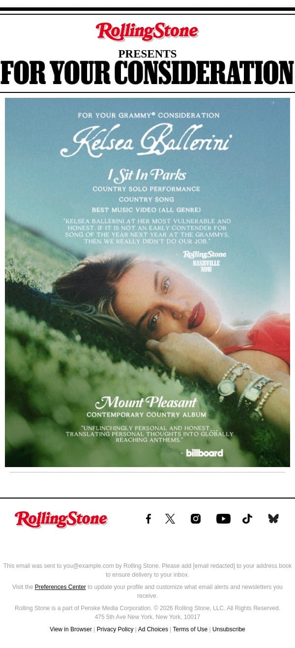 Kelsea Ballerini: For Your Grammy® Consideration email from Rolling Stone screenshot