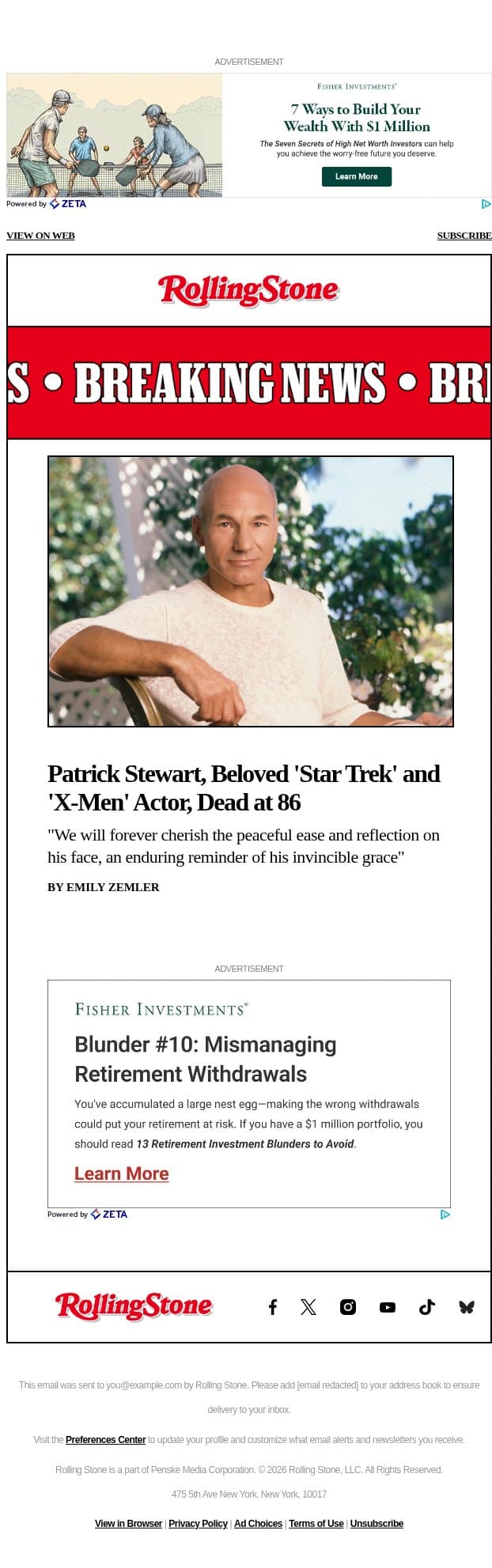 Patrick Stewart, Beloved 'Star Trek' and 'X-Men' Actor, Dead at 86 email from Rolling Stone screenshot