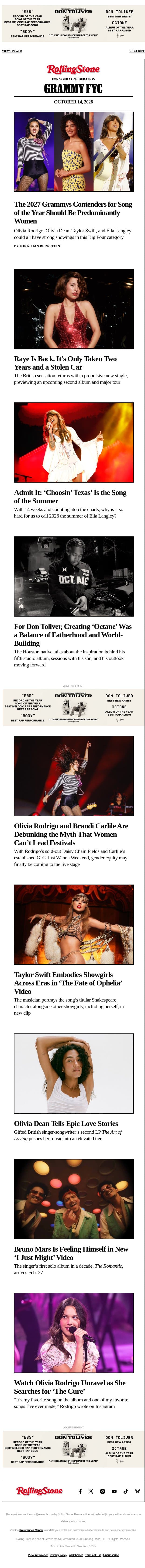 Grammys 2027 Predictions: Song of the Year email from Rolling Stone screenshot