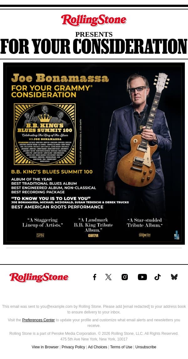 FOR YOUR GRAMMY® CONSIDERATION - BEST TRADITIONAL BLUES ALBUM - JOE BONAMASSA'S B.B. KING'S BLUES SUMMIT 100 email from Rolling Stone screenshot
