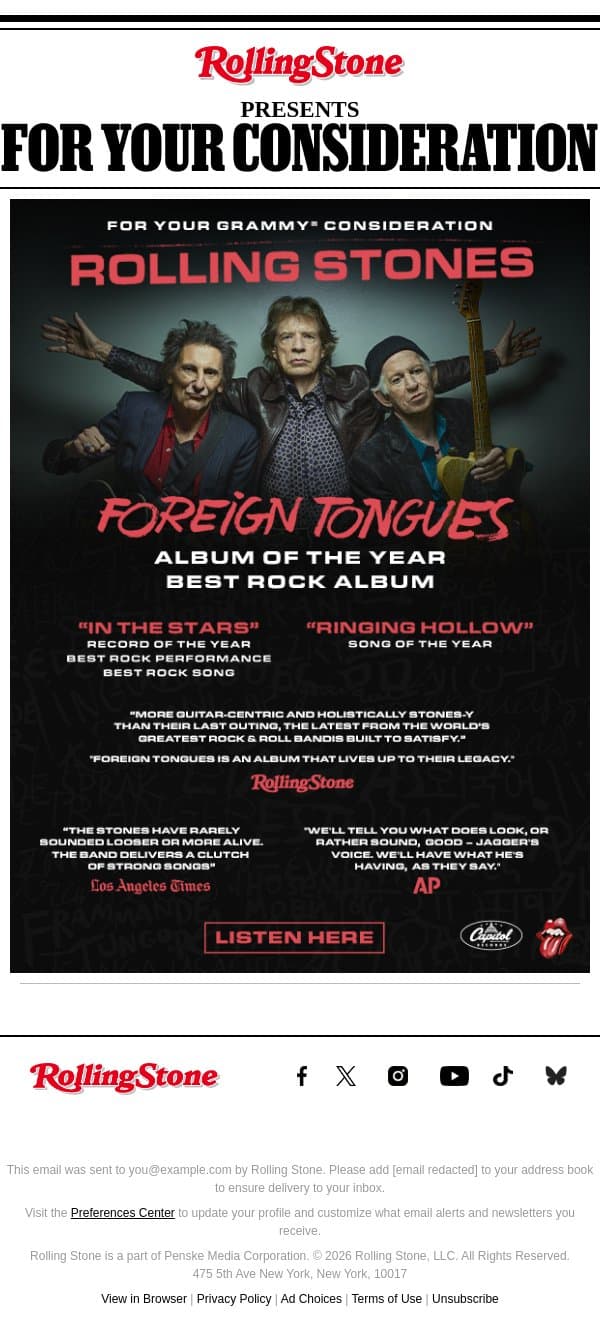 The Rolling Stones: For Your GRAMMY® Consideration email from Rolling Stone screenshot