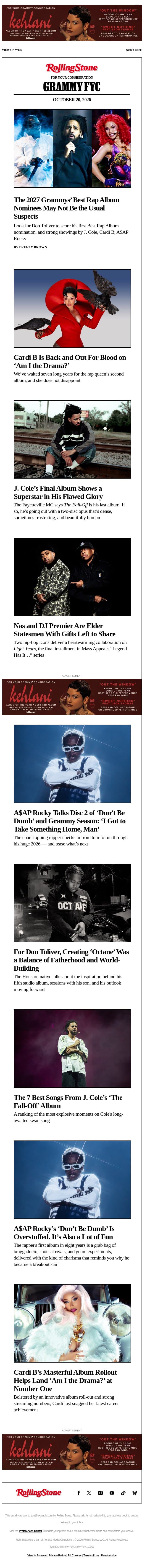 Grammys 2027 Predictions: Best Rap Album email from Rolling Stone screenshot