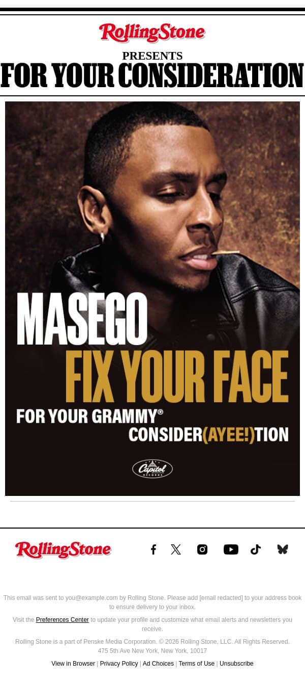 Masego Has Earned Your 2026 GRAMMY ConsiderAYEE!tion email from Rolling Stone screenshot