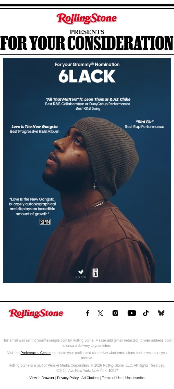 FYC: 6LACK — Love Is the New Gangsta email from Rolling Stone screenshot