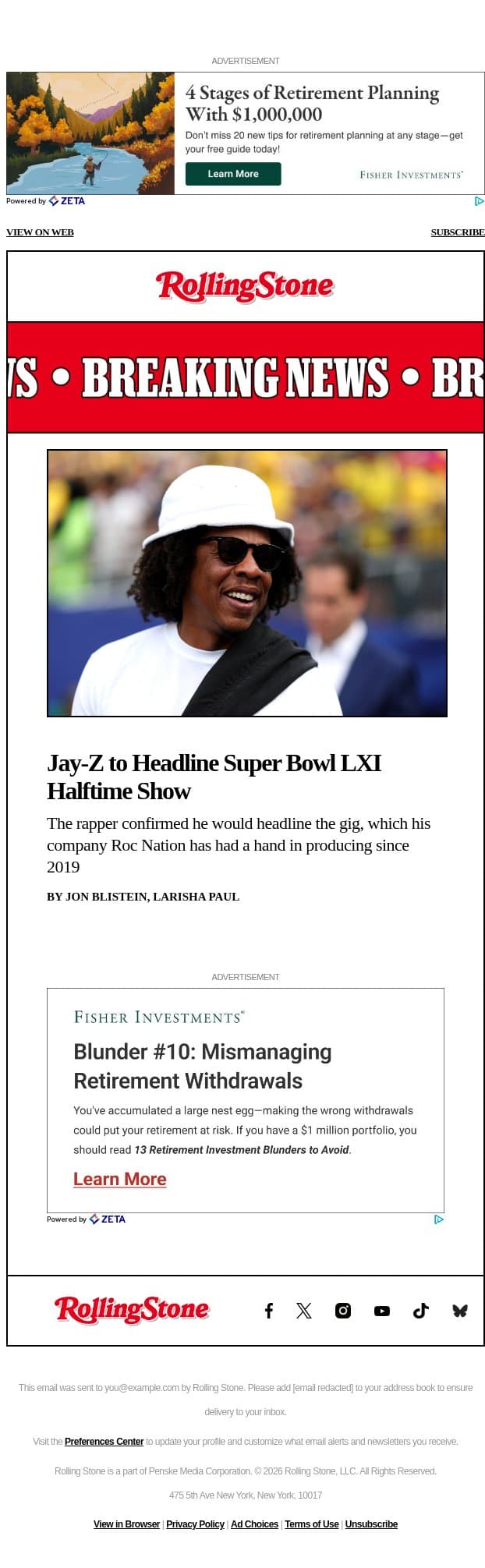 Jay-Z to Headline Super Bowl LXI Halftime Show email from Rolling Stone screenshot