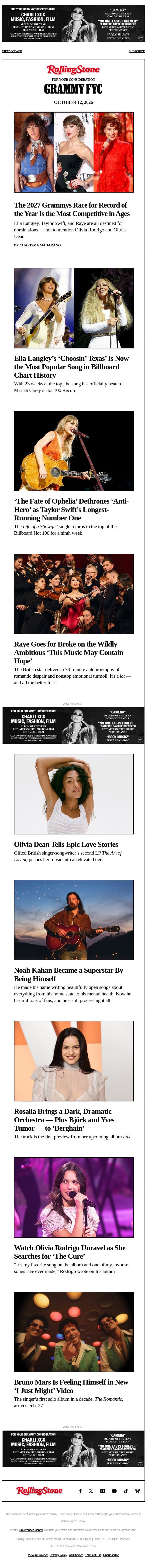 Grammys 2027 Predictions: Record of the Year email from Rolling Stone screenshot