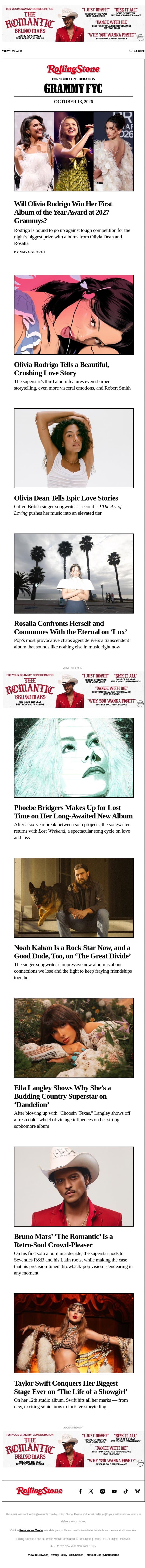 Grammys 2027 Predictions: Album of the Year email from Rolling Stone screenshot