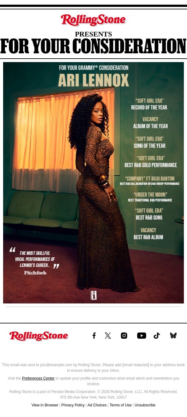 FYC: Ari Lennox — Vacancy email from Rolling Stone screenshot