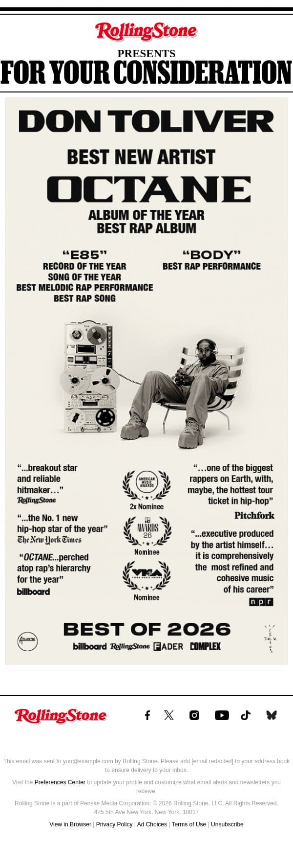 DON TOLIVER - OCTANE: For Your GRAMMY® Consideration email from Rolling Stone screenshot
