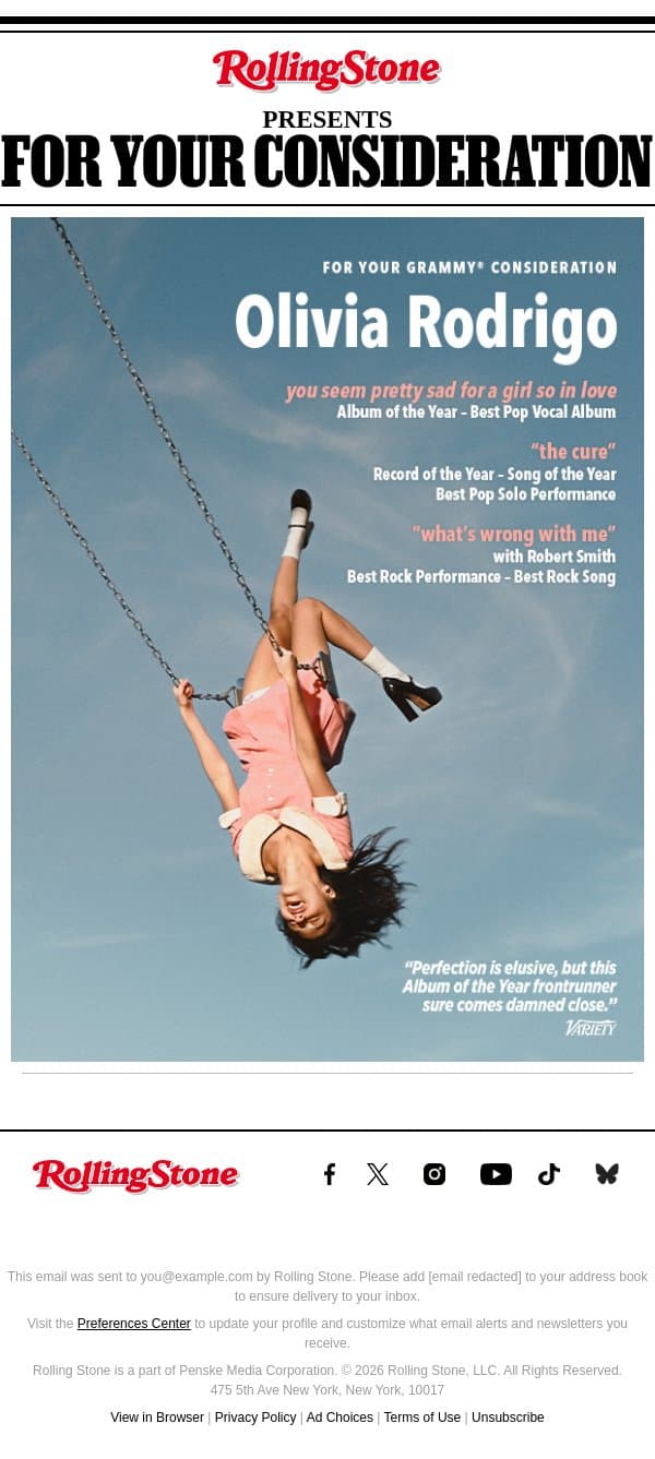 For Your Consideration: Olivia Rodrigo email from Rolling Stone screenshot