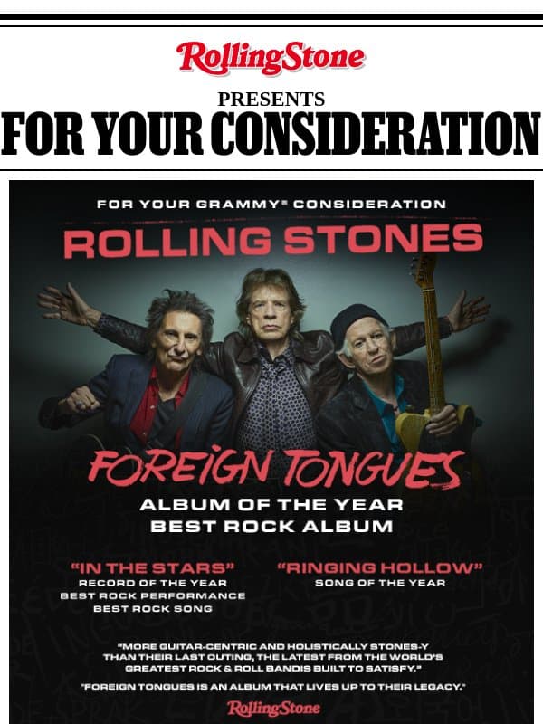 The Rolling Stones: For Your GRAMMY® Consideration email from Rolling Stone