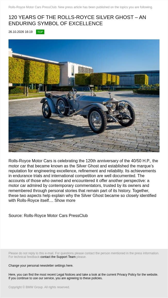 TopTopic: 120 YEARS OF THE ROLLS-ROYCE SILVER GHOST – AN ENDURING SYMBOL OF... (Rolls-Royce Motor Cars PressClub) email from Rolls-Royce Motor Cars screenshot