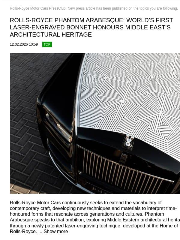TopTopic: ROLLS-ROYCE PHANTOM ARABESQUE: WORLD’S FIRST LASER-ENGRAVED BONNET... (Rolls-Royce Motor Cars PressClub) email from Rolls-Royce Motor Cars