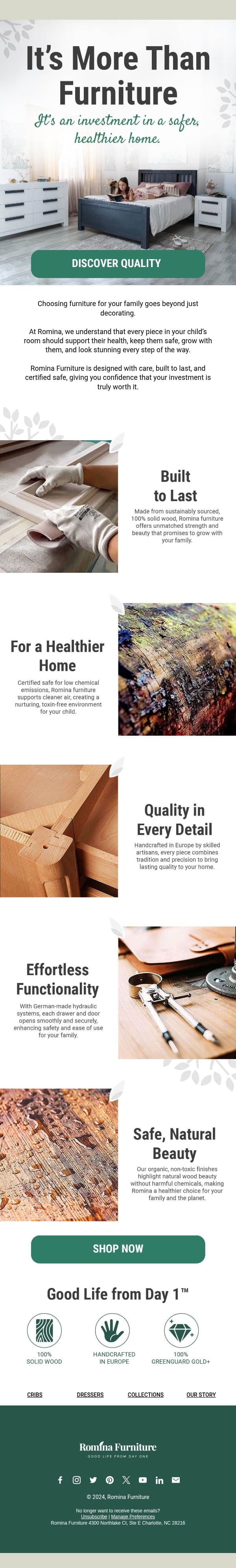 Quality You Can Trust, Safety They Deserve email from Romina Furniture screenshot