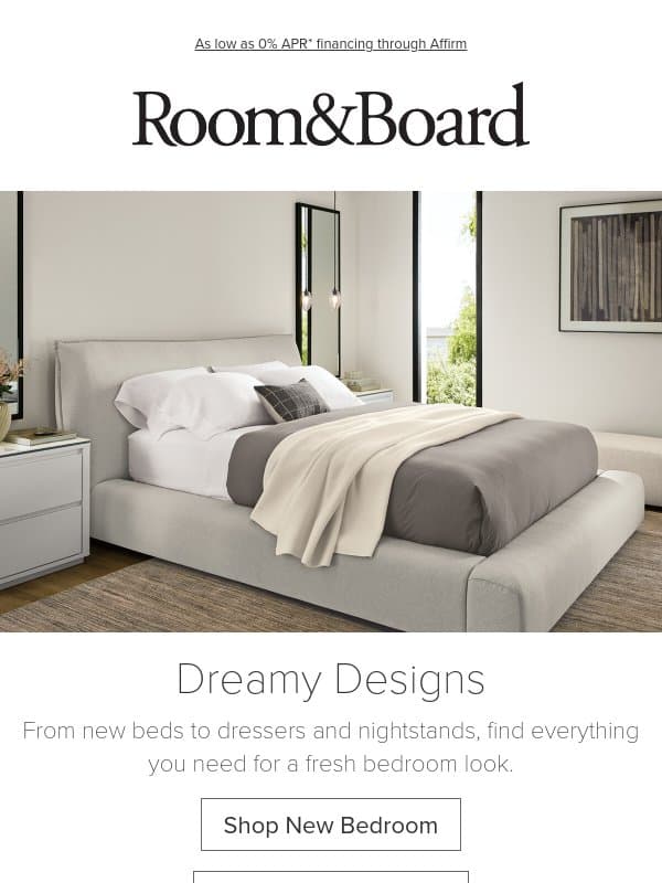 New upholstered beds and a fresh storage collection email from Room & Board
