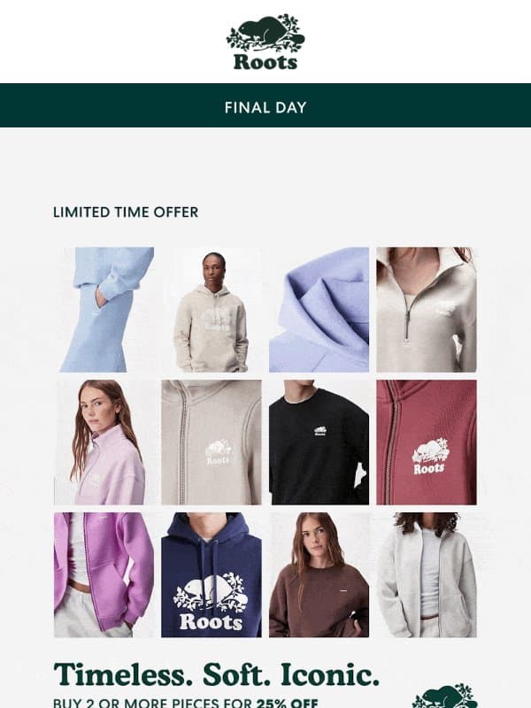 FINAL DAY FOR 25% OFF SWEAT SETS email from Roots