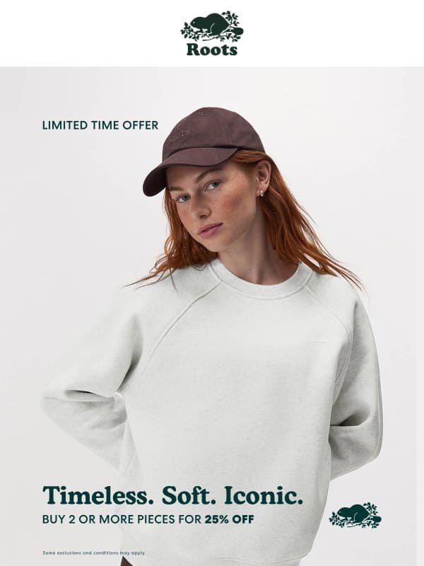 Buy Any 2 Sweat Pieces, Get 25% OFF! email from Roots