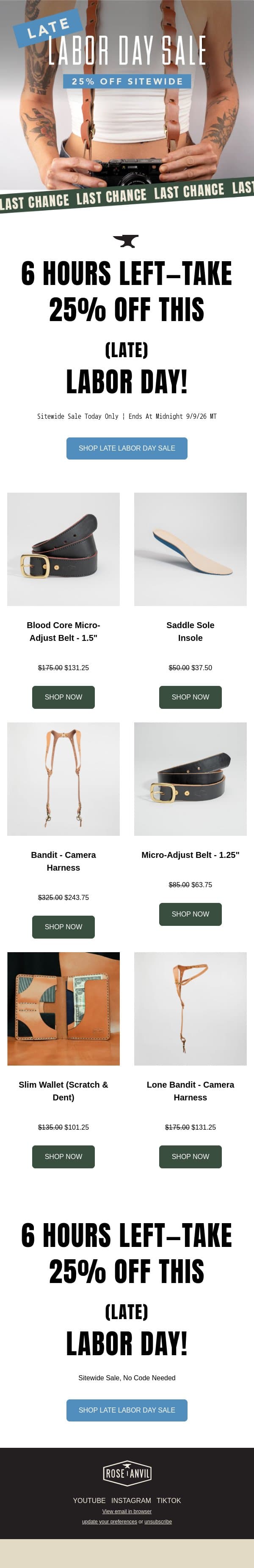 6 hrs left - SITEWIDE 25% OFF (Late) Labor Day Sale🇺🇸 email from Rose Anvil screenshot