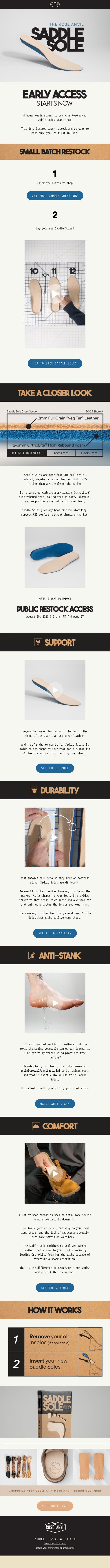 6 Hours Early Access Starts now! ⏰ 🦶 Saddle Soles RESTOCK email from Rose Anvil screenshot